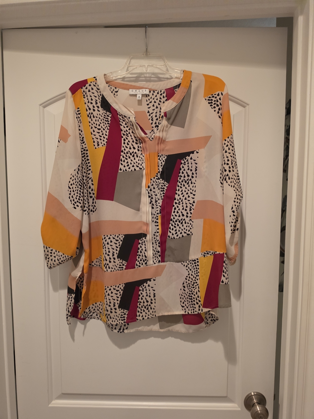Chaus Abstract Geo Print Split-Neck Blouse in Mustard, Magenta & Cream